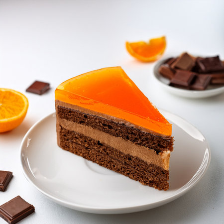 Slice of chocolate cake with orange on white plate, selective focus.の素材