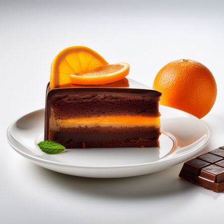 Chocolate cake with orange and mint on a white plate, isolatedの素材