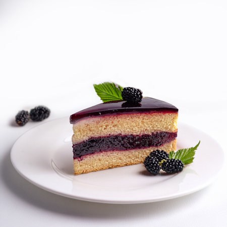 A piece of blueberry cheesecake decorated with blackberries on a white plateの素材