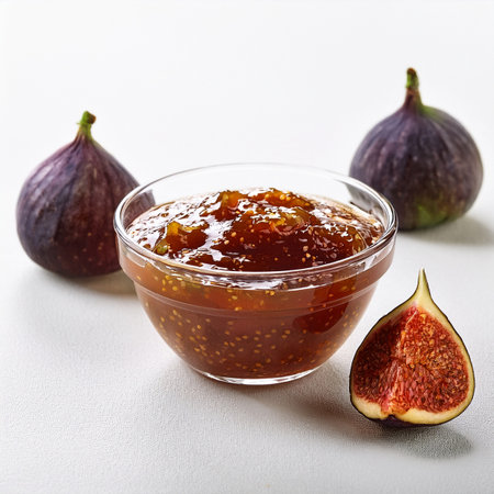 Fig jam in a glass bowl and fresh figs on white backgroundの素材