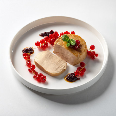 Piece of foie gras with berry sauce on white plateの素材