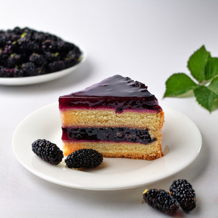 Slice of blueberry cheesecake on a plate with blackberriesの素材