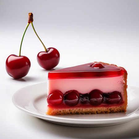 Piece of cherry cheesecake on a white plate with cherriesの素材
