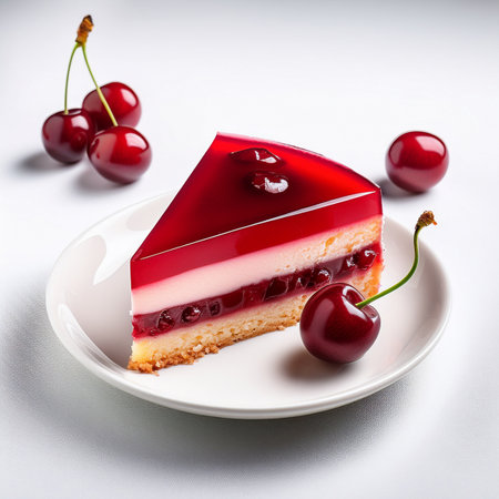 Piece of cherry cheesecake on a white plate with cherriesの素材