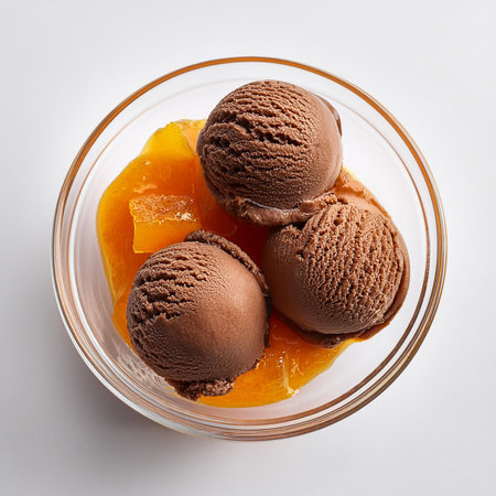 Scoops of chocolate ice cream in glass bowl on white backgroundの素材