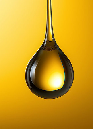 Olive oil drop isolated on yellow background. 3D illustration.の素材