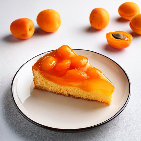 Apricot cake with apricot jam on a white plateの素材