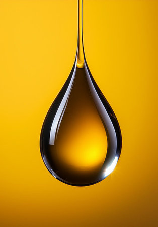 Oil drop with reflection on yellow background. 3d illustration. Drop of oil.の素材