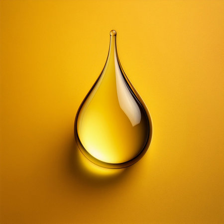 Oil drop isolated on yellow background. 3d render. Copy space.の素材