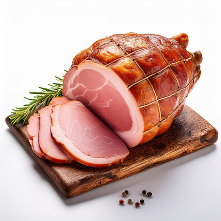 Smoked ham on a cutting board with rosemary and peppercornsの素材