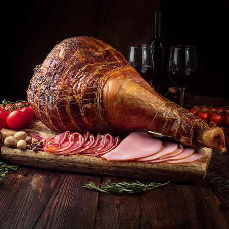 smoked ham with rosemary and spices on a dark wooden backgroundの素材