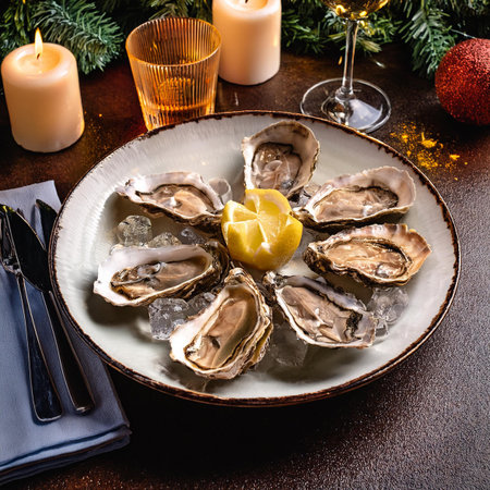 Oysters with lemon and ice on a Christmas table. Top viewの素材
