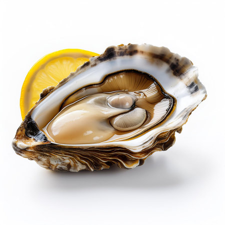 Fresh oyster with lemon isolated on white background. Clipping Pathの素材
