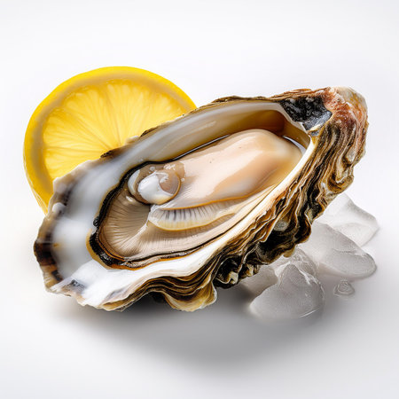 Fresh oysters and lemon isolated on white background. Top view.の素材
