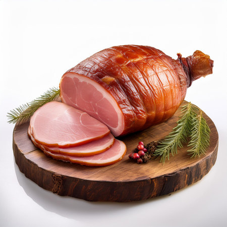 smoked meat on a wooden board, isolated on a white backgroundの素材