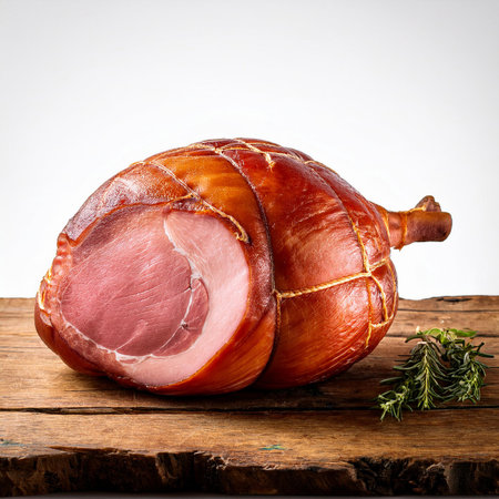 smoked ham on a wooden board with rosemary on a white backgroundの素材