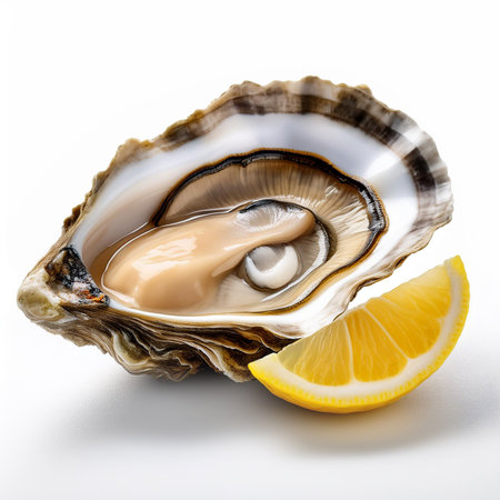 Fresh oyster with lemon isolated on white background. Clipping Pathの素材