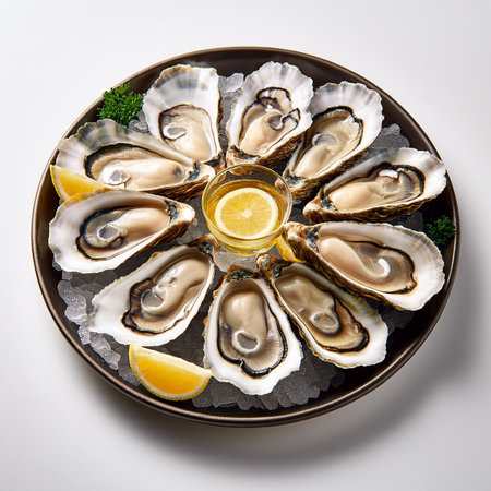 Oysters with lemon and parsley on a plate, top viewの素材