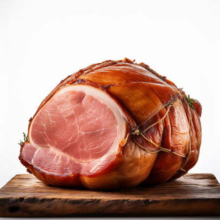 smoked ham on a wooden board on a white background, isolatedの素材