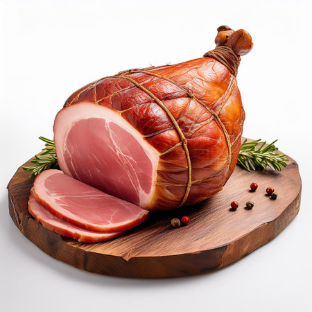 smoked ham with rosemary and peppercorns on wooden boardの素材