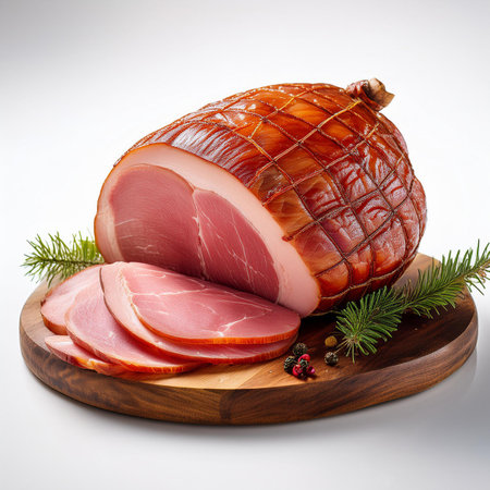 smoked ham on a wooden board. Isolated on white backgroundの素材