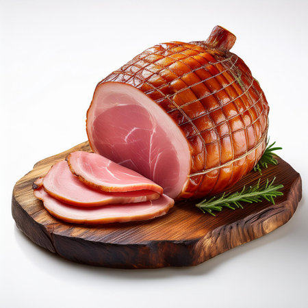 smoked ham on a wooden cutting board with rosemary on a white backgroundの素材