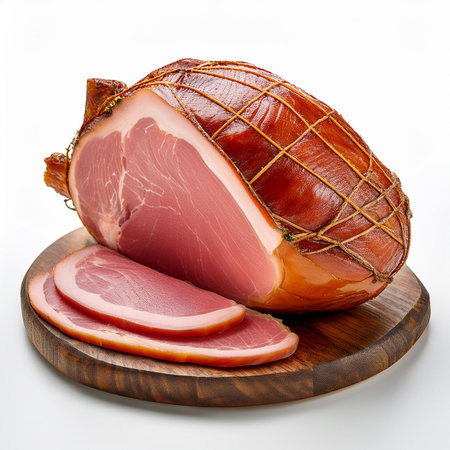 smoked ham on a wooden board isolated on a white background.の素材