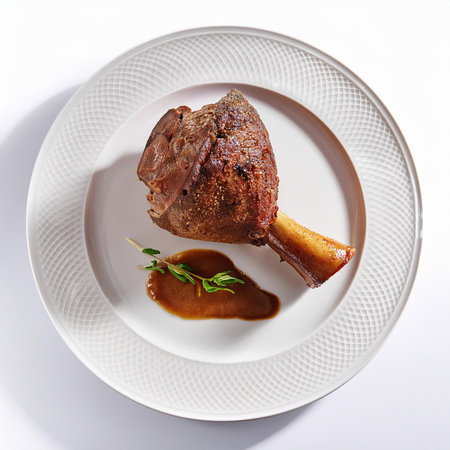 Roast lamb leg on white plate isolated on white background. Top view.の素材