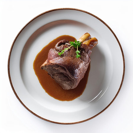 Roast lamb leg with sauce on white plate isolated on white backgroundの素材