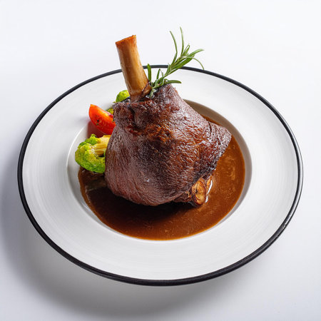 Roast lamb leg with sauce and vegetables. Isolated on white backgroundの素材