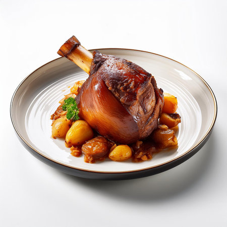 Braised pork knuckle with potatoes and sauce on a white backgroundの素材