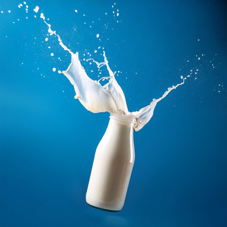 Milk splashing out of a bottle on a blue background.の素材