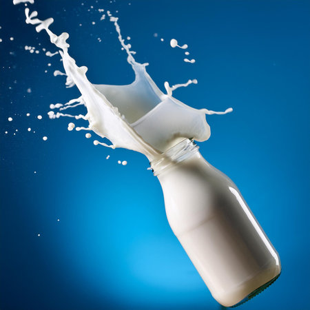 Milk splashing out of a bottle on a blue background.の素材