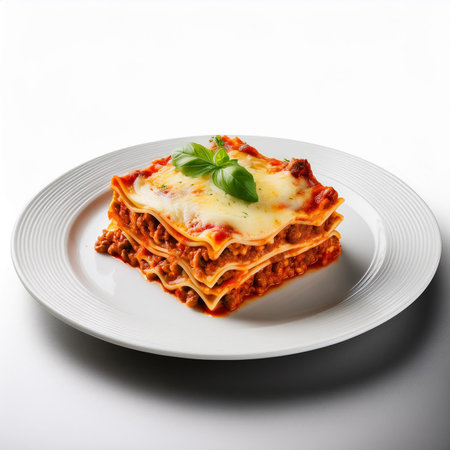 Plate of lasagna with bolognese sauce on white backgroundの素材