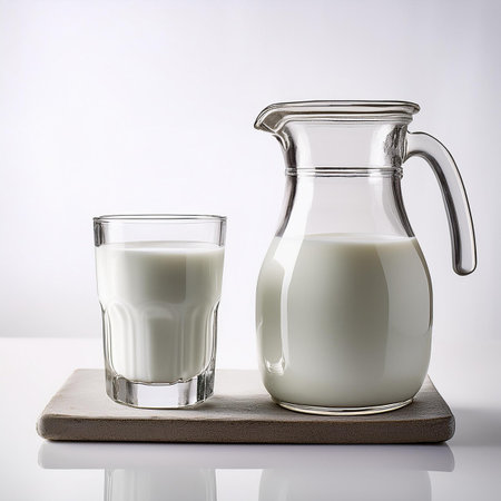 Glass and jug of milk on a wooden board on a white backgroundの素材