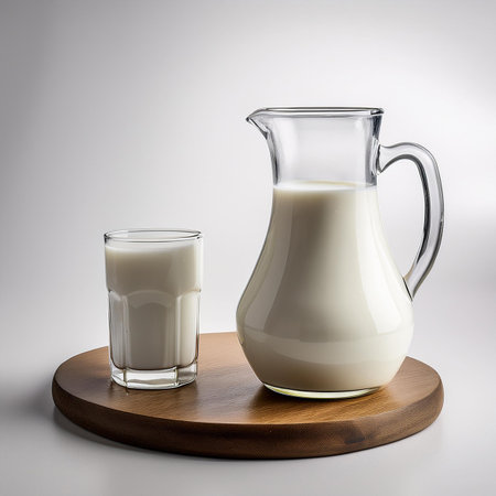 Jug and glass of milk on a wooden board on a white backgroundの素材