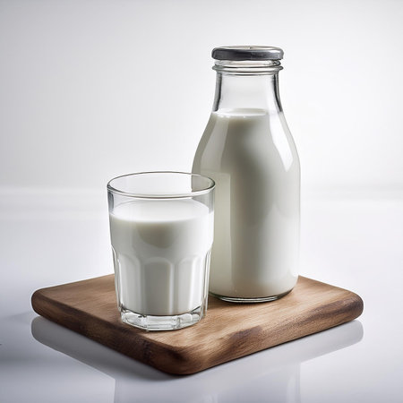 Bottle and glass of milk on a wooden board on a white backgroundの素材