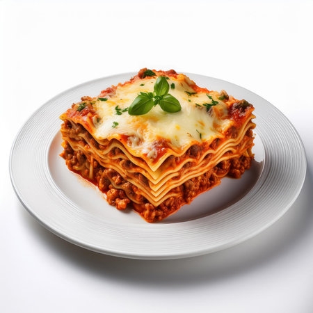 Traditional Italian lasagna on a white plate isolated on white background.の素材