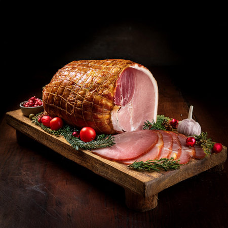 smoked ham on a wooden board with spices and vegetables on a dark backgroundの素材