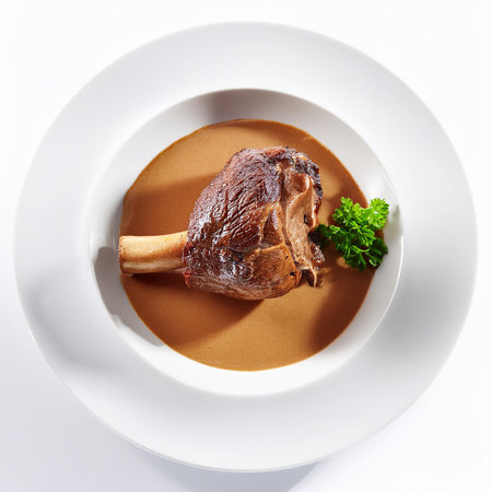 Roasted lamb leg in chocolate sauce on white plate isolated on white backgroundの素材