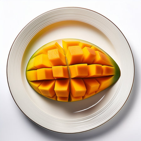 Mango fruit on a white plate isolated on white background. Top view.の素材