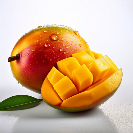 Mango fruit on a white background with drops of water and green leavesの素材