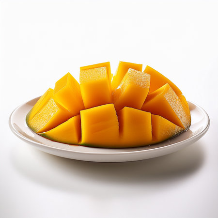 Mango cubes on a plate, isolated on a white background.の素材