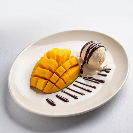 Mango ice cream with chocolate and ice cream on a white plateの素材