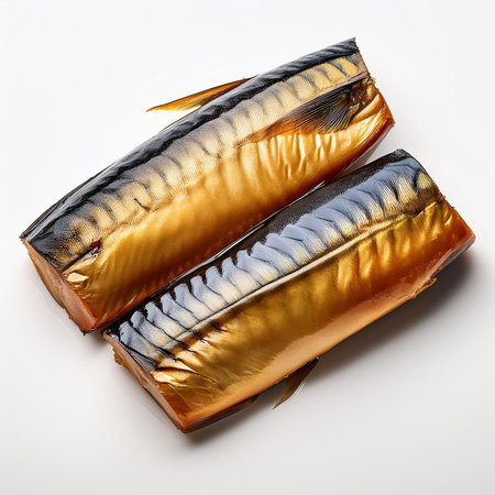 Smoked mackerel on a white background. Toned.の素材