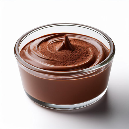 Chocolate pudding in glass bowl isolated on white background, clipping path includedの素材