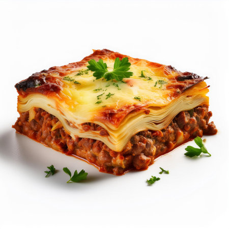 Lasagna with minced meat and parmesan cheese on white backgroundの素材