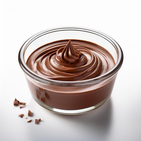 Chocolate cream in glass bowl isolated on white background. Close up.の素材