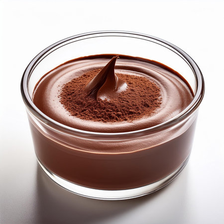 Chocolate pudding in a glass bowl on a white background, top viewの素材