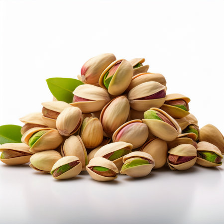 Pistachio nuts with green leaves isolated on white background.の素材